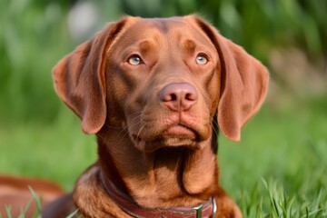 a dog resting in a sunny patch of grass, eyes half-closed, enjoying the warmth of the day in a seren