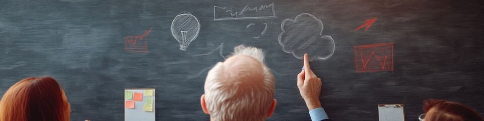 Aufkleber - Collaborative Strategy Hub Chalkboard Flowcharts and Diagrams in Modern Workspace - Enhancing Business Innovation and Visual Storytelling for Professional Teams