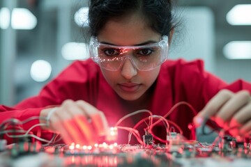 Fototapete - Tech-Savvy Workspace Young Indian Female Engineer in Electrical Lab with Circuit Board - Hands-On STEM Training and Innovative Career Skills Development