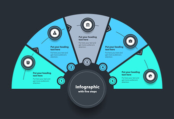 Aufkleber - Circular infographic diagram divided into five stages - dark version. Flat design with minimalistic icons and place for your texts.