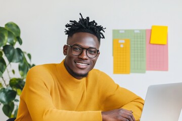 Poster - Contemporary Urban Office Vibrant Workspace with Laptop, Planner and Goal Board - Boosting Young Professionals Productivity and Creativity in Modern Lifestyle Environments