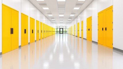 Bright yellow doors line a long hallway leading to exit.  Use Interior design, architecture