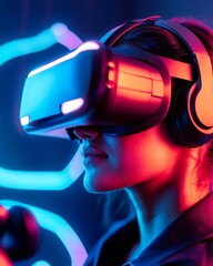 Poster - Futuristic VR and Gaming Immersion Indian Female Gamer with Sleek Headset in Holographic Room - Next-Gen Esports Experience and Competitive Gaming Innovation