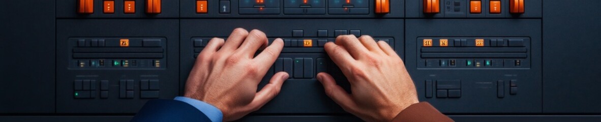 Aufkleber - Industrial Minimalism Technicians Hands on Sleek Control Panels Ensuring Sustainable Operations - High-Tech Compliance for Modern Manufacturing Efficiency