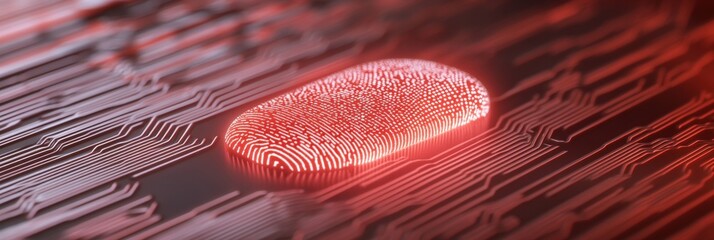 Poster - Futuristic Biometrics Circuit Board with Integrated Fingerprint Sensor in Red Glow - Secure Identity Solutions for Tech-Driven Businesses and Digital Access Control