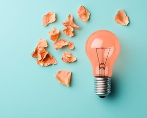 Leinwandbilder - Modern Imagination Concept Vibrant Coral Lightbulb with Petals on Blue Backdrop - Creative Innovation for Marketing and Design Industries, Inspiring Dynamic Solutions