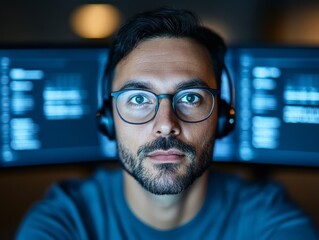 Aufkleber - Modern Tech Aesthetic Focused Professional on Dual Monitors with Headset - Enhancing Remote Work Efficiency and Digital Communication in Contemporary Offices