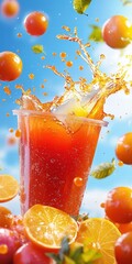Poster - Refreshing Orange Juice Splash in a Clear Cup Against Blue Sky