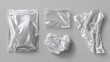 © Sahraya - Plastic transparent film for packaging - whole with wrinkles and folds and torn square vinyl wrap with overlay effect. Realistic vector illustration set of cellophane or polythene seal wrapper mockup.