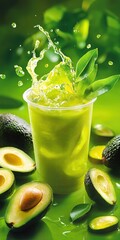 Poster - Refreshing Avocado Drink with Splash and Fresh Green Elements