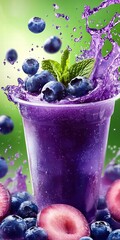 Poster - Fresh Purple Smoothie with Blueberries and Mint on Vibrant Background