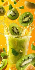 Poster - Refreshing Kiwi Beverage Splash with Slices and Mint Leaves