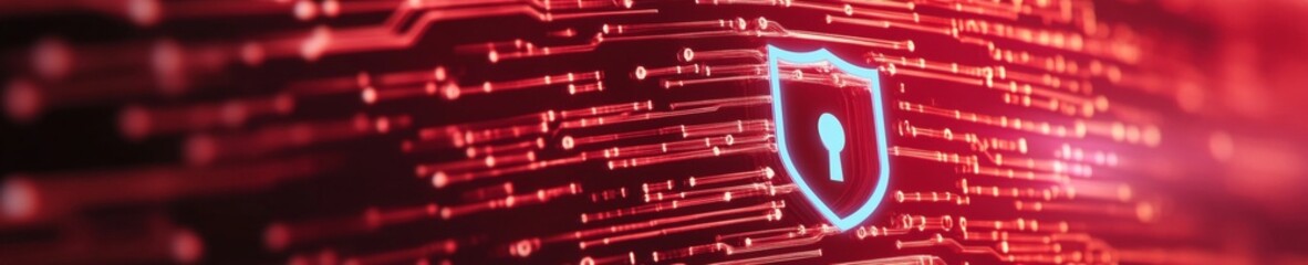Aufkleber - Futuristic Digital Security Visualization Neon Circuitry with Illuminated Shield and Lock - Advanced Cybersecurity and Encryption for Modern Business Solutions
