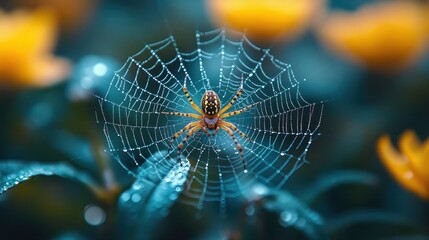 A yellow and black spider sits in the center of its web, which is covered in dew drops.  The web is surrounded by green leaves and out of focus yellow flowers.