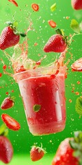 Poster - Fresh Strawberry Beverage Splash in Bright Green Background