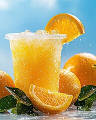 Poster - Refreshing Orange Beverage with Ice and Fresh Oranges Nearby
