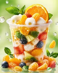 Poster - Refreshing Fruit Cocktail in Clear Cup with Bubbles and Mint