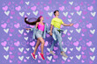 © deagreez - Profile photo of vintage romantic couple 80s jump hold hands wear pin-up outfit isolated purple color background