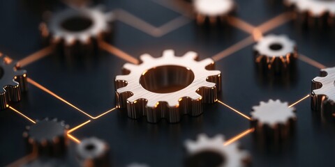 Fototapete - Contemporary Industrial Tech Art Metallic Gear Array on Circuit Board - Streamlining Automation and Compliance for Cutting-Edge Tech Enterprises