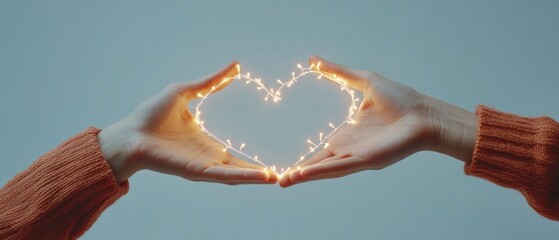 Poster - Modern Collaboration Imagery Hands Clasping Heart-Shaped LED String Lights - Teamwork Dynamics and Emotional Connectivity for Business Innovation and Marketing Strategies