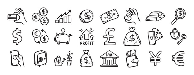 Money, finance and currency doodle set. doodle hand drawn icon set. Outline drawing dollar Banknotes, coins, money bag line clipart symbol collection