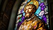 © savittree - Intricate stained glass window depicting St. Ambrose, surrounded by vibrant colors and sacred imagery in a church setting