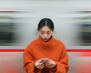 Poster - Contemporary Urban Commuting Asian Woman in Textured Orange Coat Amid Subway Motion - Public Transport Efficiency in City Mobility and Digital Connectivity Trends