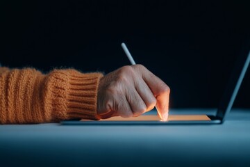 Poster - Warm Aesthetic Digital Note-Taking Indian Hand with Stylus on Tablet in Cozy Workspace - Enhancing EdTech and E-Learning Experiences for Modern Remote Tutoring