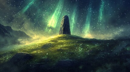 mystical standing stone on grassy hill under aurora borealis.