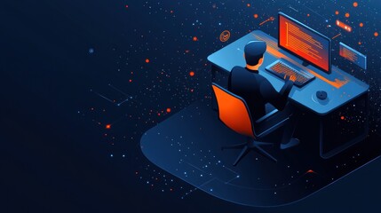 Coder develops software while seated at a computer desk, surrounded by glowing screens at night
