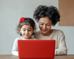 Poster - Contemporary Family E-Learning Mother and Daughter Engage with Red Laptop at Wooden Table - Digital Education Content and EdTech Innovation for Home Learning