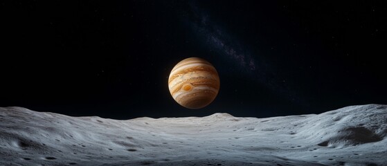 Poster - Cosmic Panorama Jupiters Rise Over Ganymedes Icy Horizon in Galaxy-Enhanced Visualization - Astrophysics Education and Immersive Space Content
