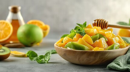 Poster - Elegant Presentation of Fresh Fruit Salad with Honey Drizzle
