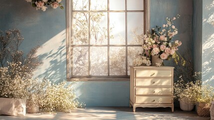 Poster - Romantic photography backdrop with a vintage window adorned with flowers and a cozy dresser