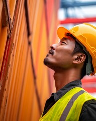 Poster - Dynamic Maritime Worker Portrait Korean Dockworker in Yellow Hard Hat and Vest Amidst Containers - Modern Industrial Focus and Sustainable Trade Solutions