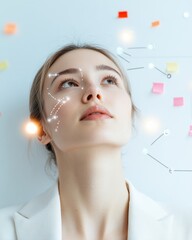 Poster - Futuristic Business Collaboration Young Professional Woman in Blazer amidst Interactive Whiteboard with Digital Overlays - Innovative Tech Solutions for Modern Office Dynamics