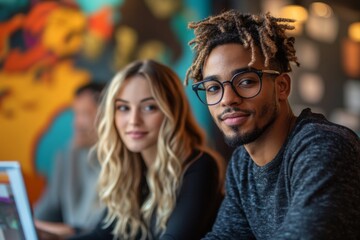 Aufkleber - Vibrant Collaborative Workspace Young Entrepreneurs Design Modern Websites on Sleek Laptops - Diverse Teams, Digital Marketing Innovation and Creative Business Solutions