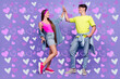 © deagreez - Photo of positive buddie couple high-five team win concept wear pin-up outfit isolated purple color background
