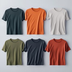 Six basic t-shirts in popular colors flat lay 3x2 on gray surface. Lying casual short sleeve tee, blank template. Unfolded soft cotton tshirt. Blank unisex crewneck t-shirt mock up for design presen