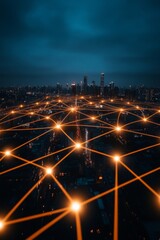 Fototapete - Futuristic Cityscape with Energy Grid Overlays Illuminated Skyscrapers in Night Sky - Smart Infrastructure and Urban Innovation for Tech-Driven Urban Planning