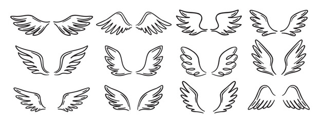 Wall Mural - Angel wing doodle hand drawn icon set. Outline drawing angel wings line clipart symbol collection