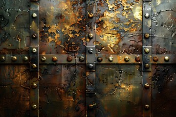 Wall Mural - A rusted metal surface with rivets and rivets