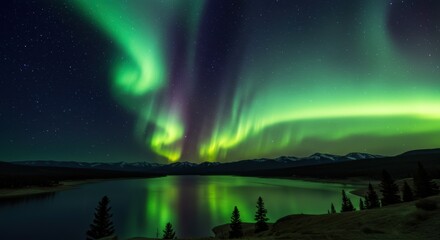 spectacular northern lights over serene lake and mountains at night