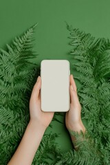 Poster - Green Tech Interface Woman Holding Smartphone Amid Ferns, Minimalist Design - Engaging Digital Communication for Eco-Conscious Business Marketing and Technological Innovations