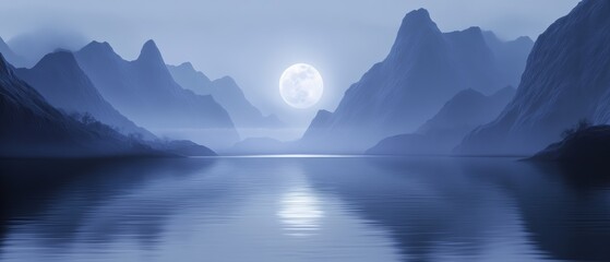 Wall Mural - The radiant moon casts a silvery glow over a tranquil mountain lake, creating a breathtaking and serene nocturnal landscape.