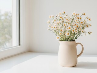 Poster - Scandinavian Floral Workspace Modern Ceramic Vase with Daisies on Minimalist Desk - Inspiring Spring Decor and Creative Office Ambiance for Enhanced Productivity