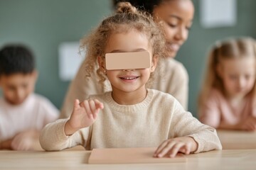 Fototapete - Inclusive Learning Space Young Girl Using Braille Tablet in Well-Lit Classroom - Adaptive Education Tools and Supportive Teaching for Modern Special Needs Empowerment