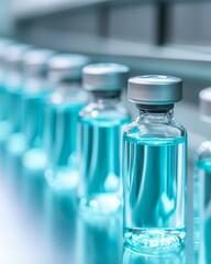 Poster - High-Tech Minimalism Robotic Pharmaceutical Line with Clear Vials on Metallic Surfaces - Precision Manufacturing and Healthcare Efficiency Showcase