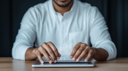 Poster - Contemporary Workspace Vibe Indian Man Analyzing Stock Trends on Sleek Devices - Digital Financial Strategy and Modern Investment Planning with Minimalist Elegance
