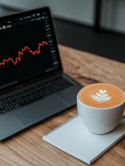 Aufkleber - Modern Financial Trading Workspace Close-Up of Real-Time Stock Data on Laptop with Wooden Desk and Coffee - Dynamic Investment Strategies and Digital Wealth Management